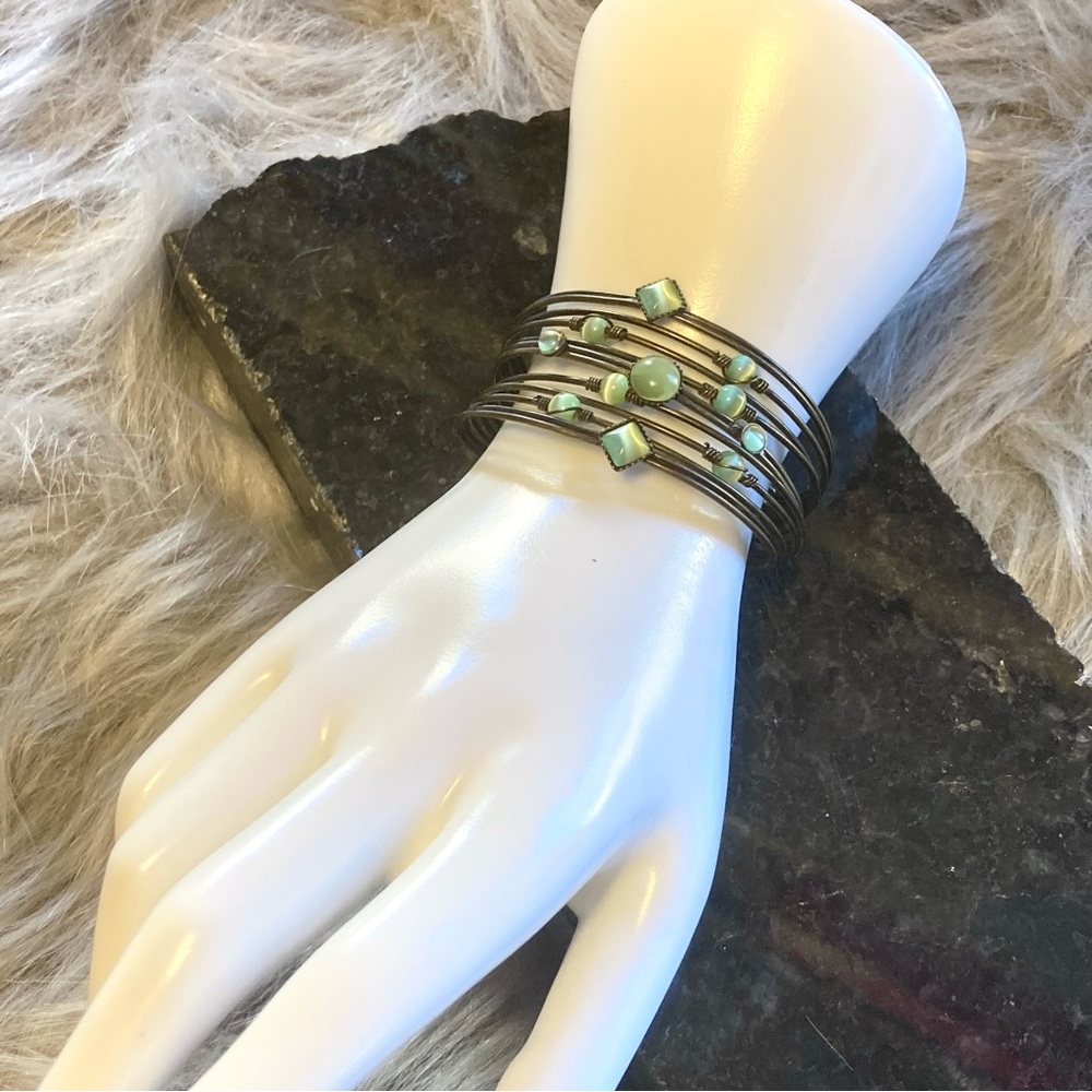 5/$18 VINTAGE Metal & Jade Colored Stones Cuff Bracelet